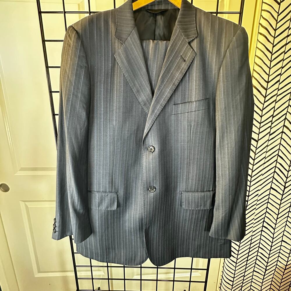 Baroni Mens 2 Piece Pinstripe Suit Grey Charcoal 100% Wool Jacket Pants